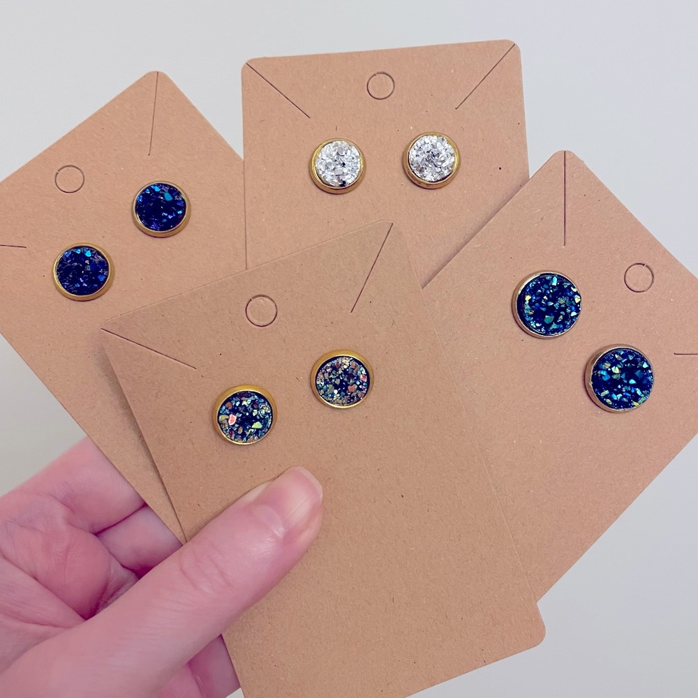 Lot of 4 druzy stud earrings. Nickel free. Blue, purple, green/gold and silver